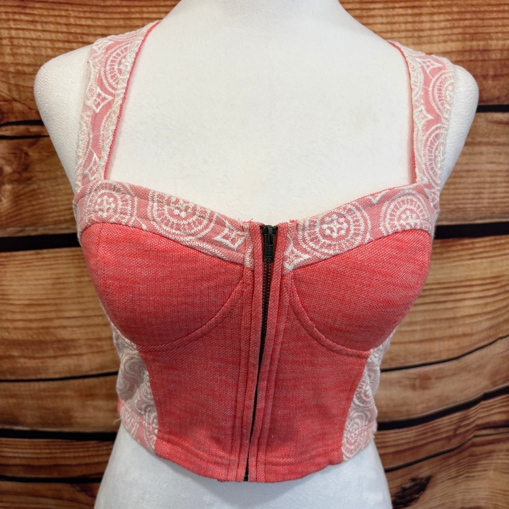 Pins & Needles Womens Coral/Lace Zip Front Boho Wide Strap Corset Tank Top Sz M